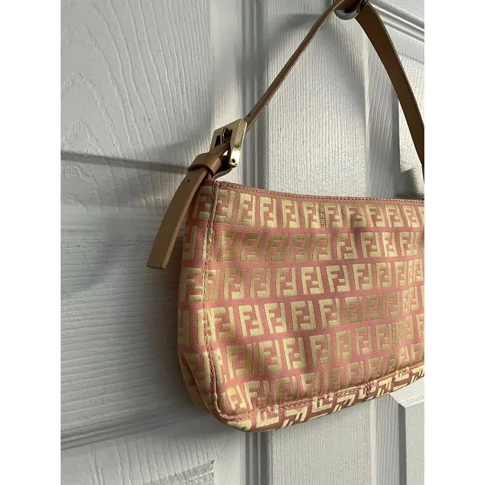 Fendi Vintage Pink Gold Zucchino FF Monogram Pochette Shoulder Bag